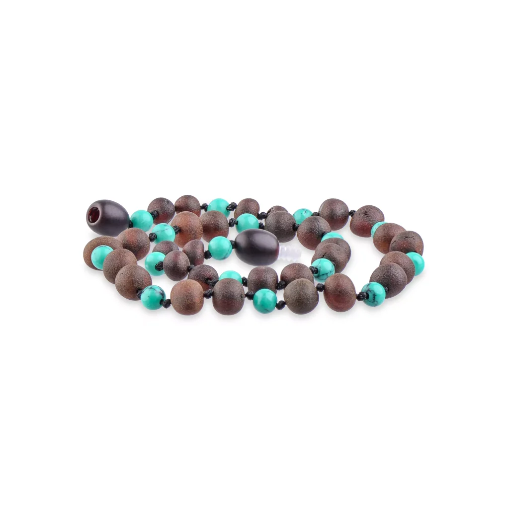 Unpolished teething amber necklace cherry color with turquoise