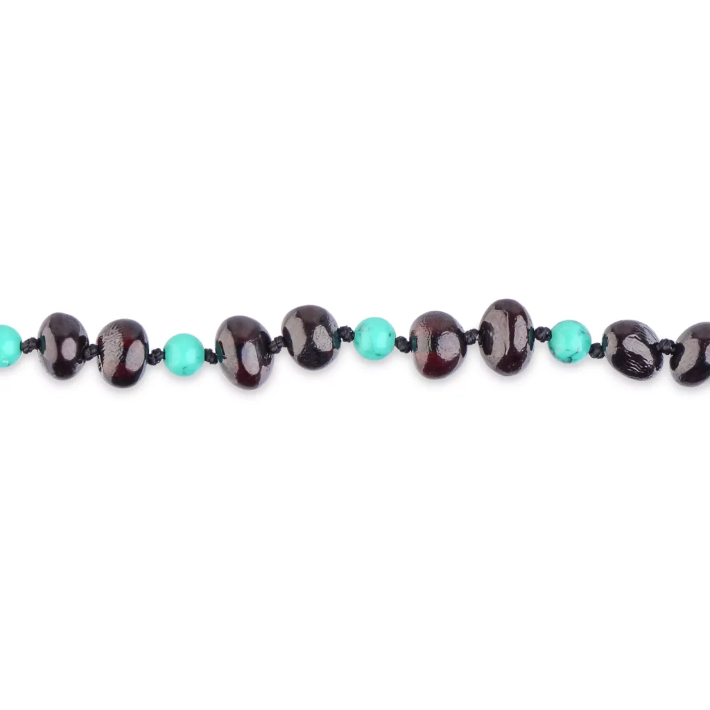 Polished teething amber bracelet cherry color with turquoise