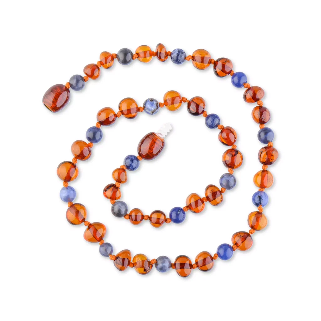Vibrant amber and blue beaded necklace with polished, handcrafted artisanal design.