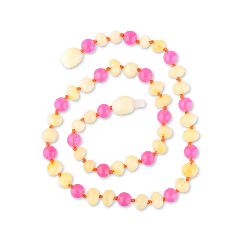 Vibrant pastel-colored bead necklace with heart-shaped accents and glossy finish for casual or elegant wear.
