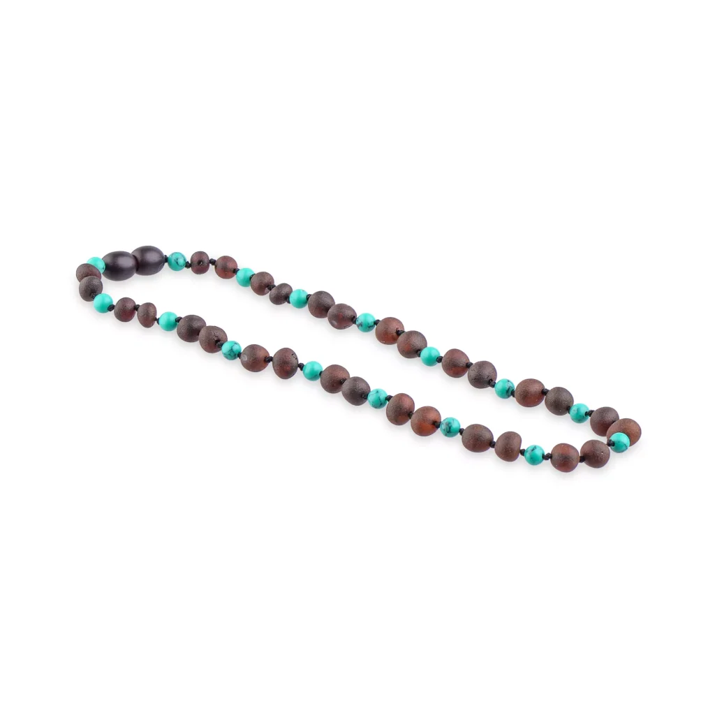Handmade wooden and turquoise beaded necklace with Baltic amber accents, stylish and artisan-crafted jewelry.