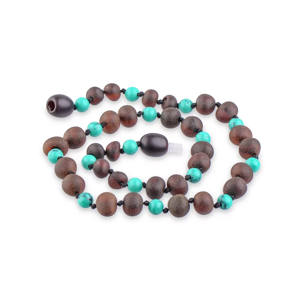 Handcrafted wooden and turquoise beaded necklace showcasing natural craftsmanship and vibrant color contrast.