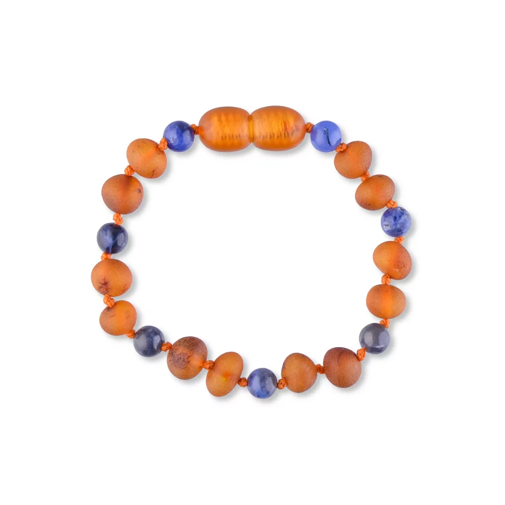 Colorful beaded bracelet with orange matte and glossy blue accents, handmade and elastic.