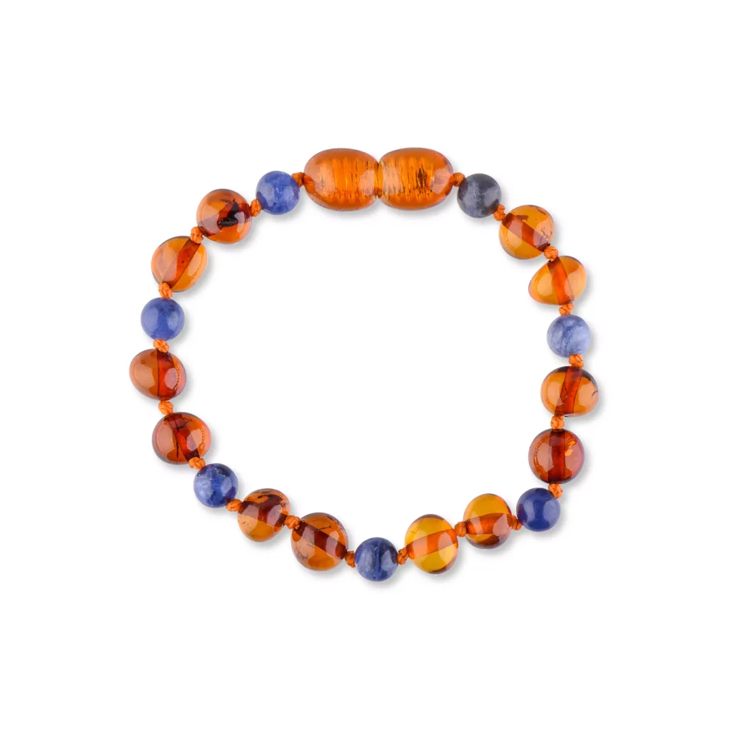 Elegant Baltic amber and blue stone bracelet with polished, varying shapes and harmonious colors.