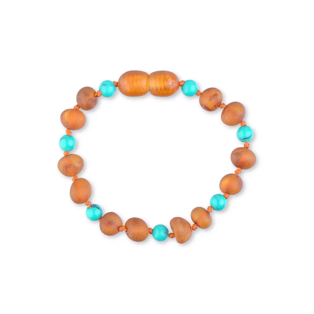 Handmade amber and turquoise beaded bracelet with warm tones and vibrant blue accents.