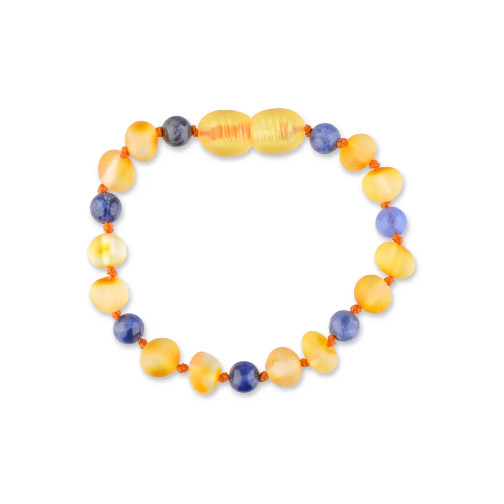 Colorful beaded bracelet with yellow and blue stones, handcrafted with vibrant, elegant design.