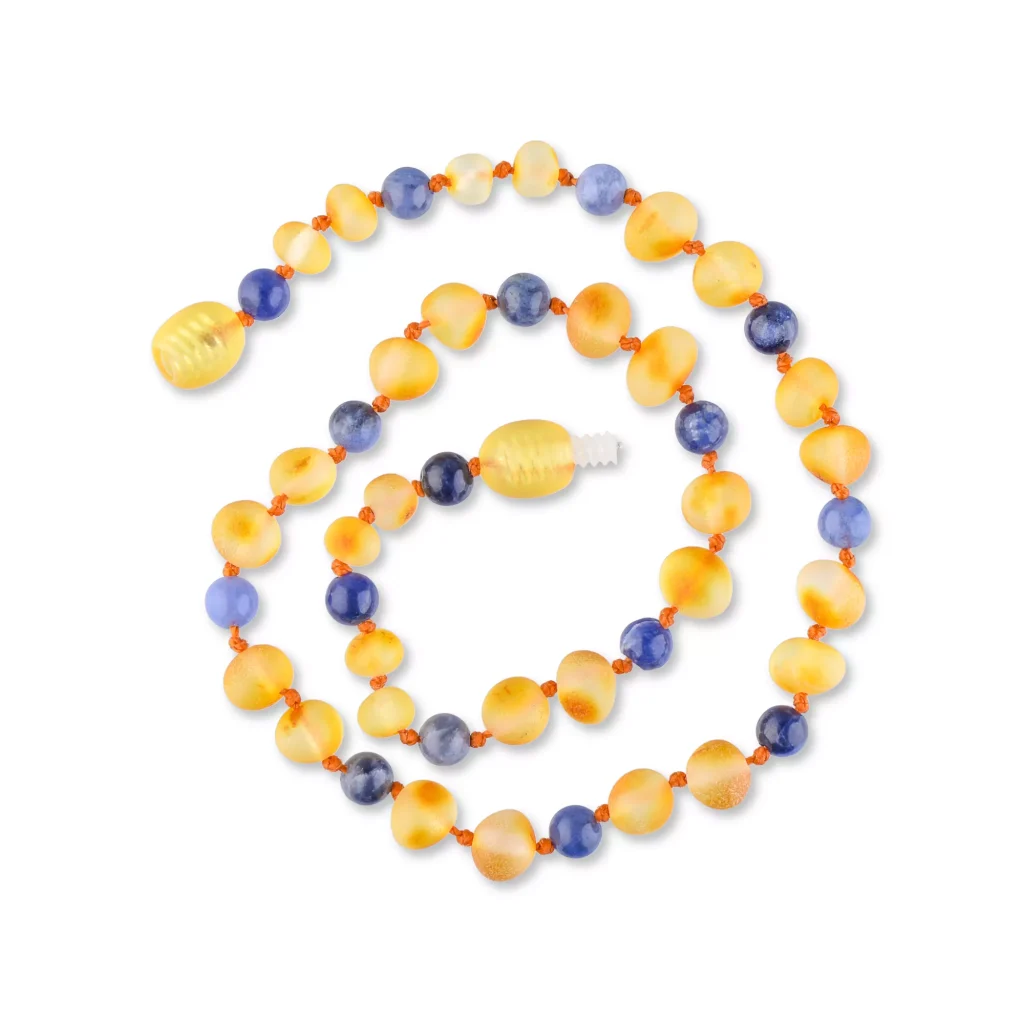 Vibrant amber and deep blue beaded necklace with polished, elegant craftsmanship and versatile style.