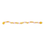 Beaded necklace with yellow and pink oval and translucent round beads on white background.
