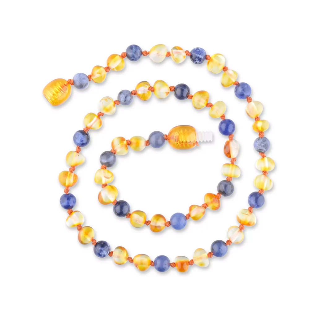 Colorful Baltic amber necklace with blue and yellow beads and elegant teardrop accents.