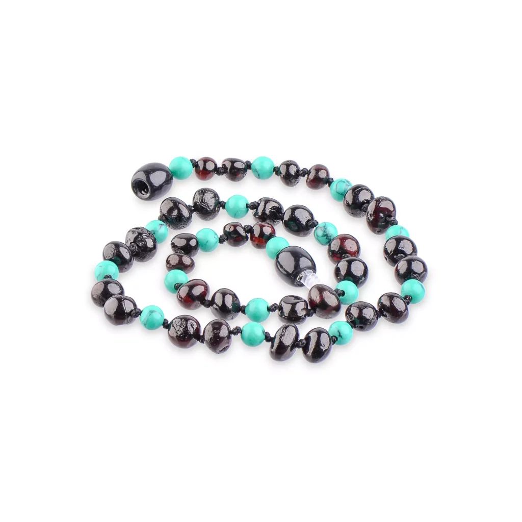 Elegant black and turquoise beaded necklace with glossy and matte textures for versatile style.