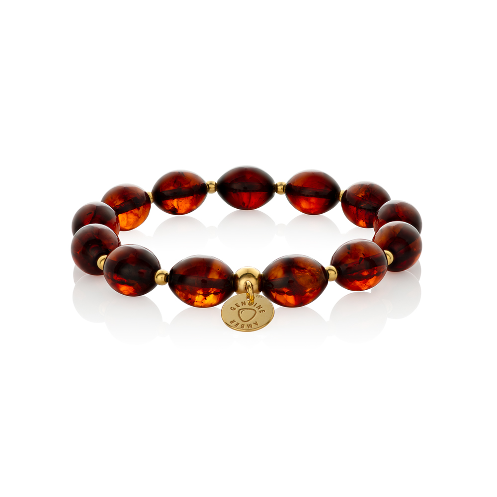 Natural Baltic amber bracelet with gilded silver details, cognac color, bean shape