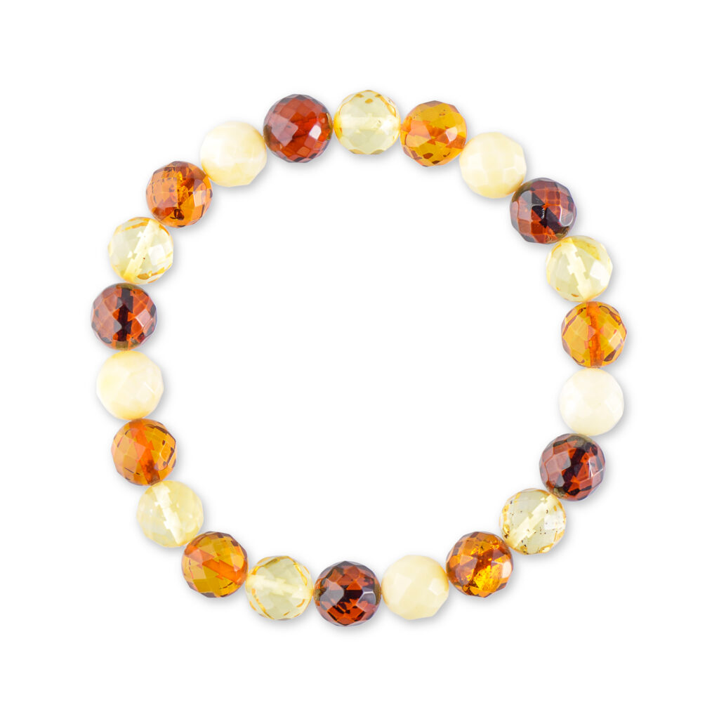 Natural Baltic amber bracelet, handmade, faceted sphere, multi color, polished faceted sphere beads in cherry, cognac, honey, and butter colors, shiny