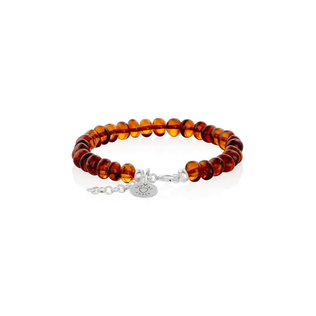 Natural Baltic amber bracelet cognac color with silver clasp with logo, baroque, polished