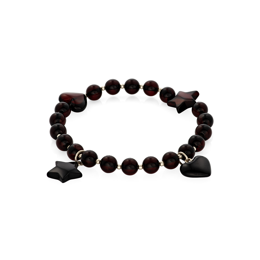 Lovely polished cherry color amber stars and hearts bracelet with pendants, playful