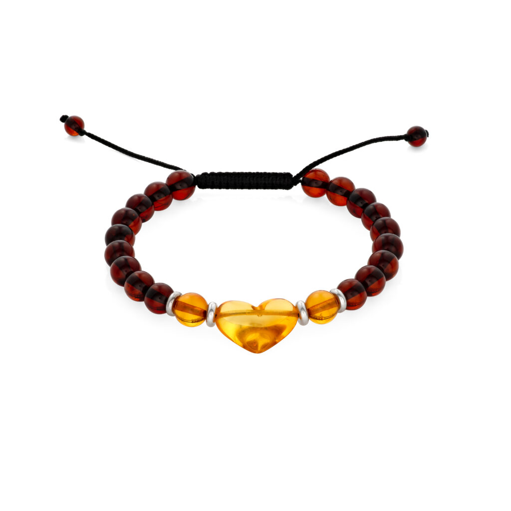 Amber bracelet with heart-shaped accent and sterling silver