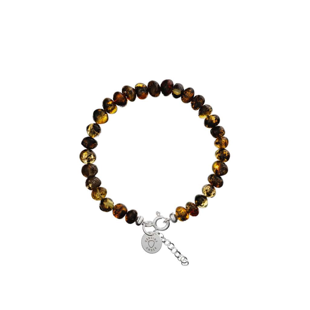 Handmade amber and silver bracelet featuring warm amber beads and a sleek silver clasp.