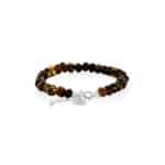 Polished amber bracelet with silver clasp and adjustable extension chain, natural warm tones.