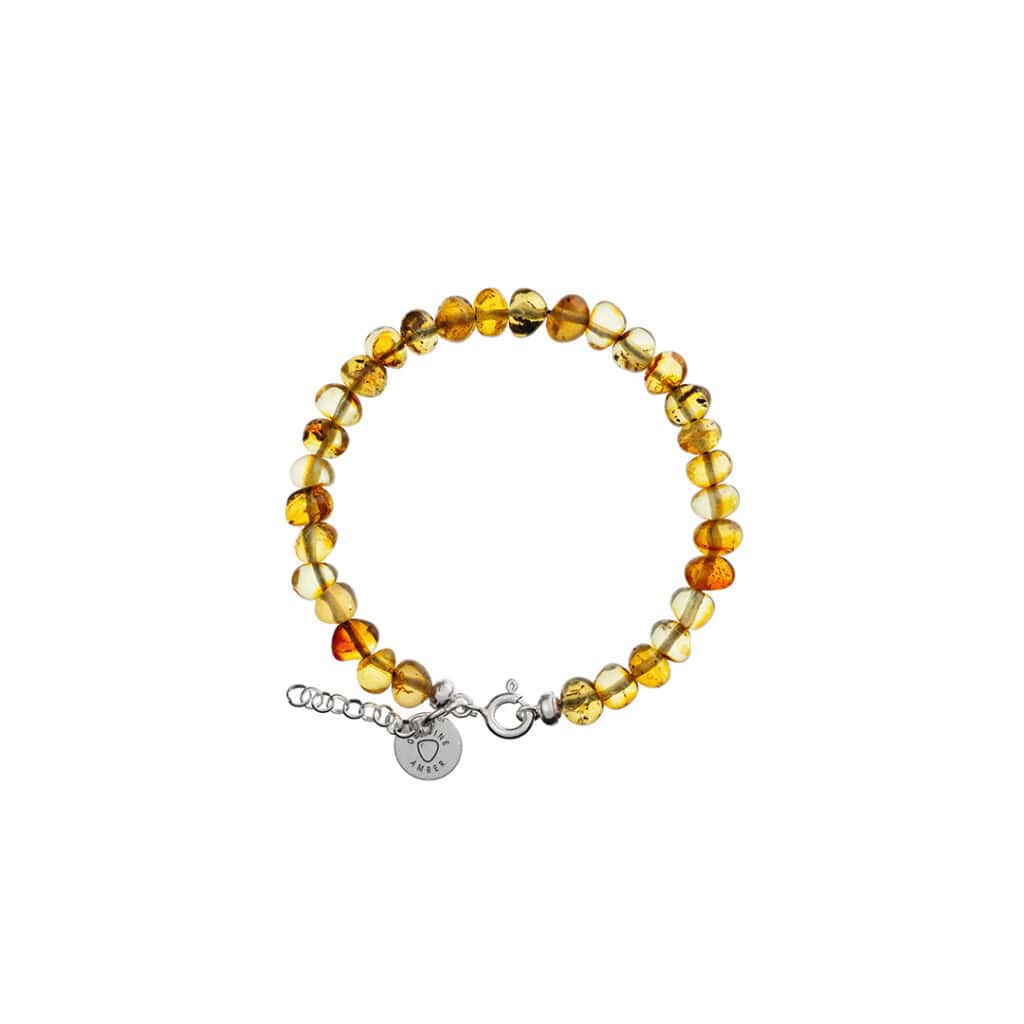 Natural Baltic amber bracelet light green color with silver clasp with logo, baroque, polished