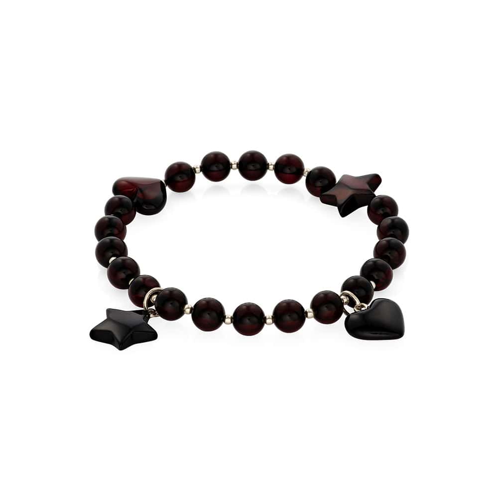 Elegant dark amber bracelet with star and heart charms, versatile for casual or formal wear.
