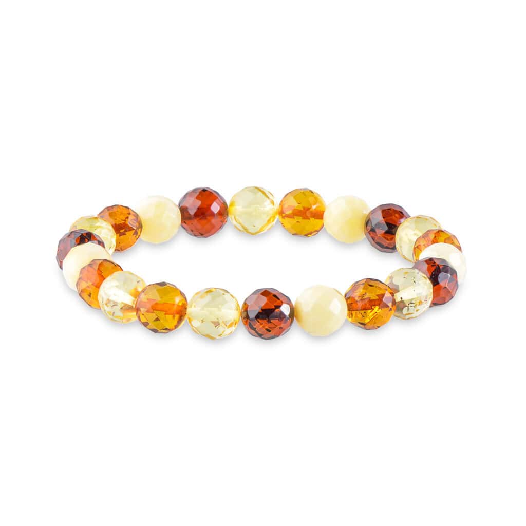 Handmade amber beaded bracelet with multicolor polished stones, warm, elegant, and versatile.