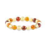 Handmade amber beaded bracelet with multicolor polished stones, warm, elegant, and versatile.