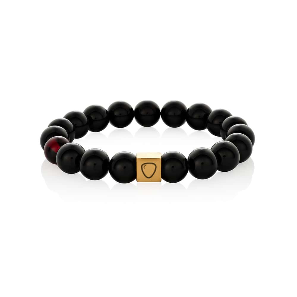 Black beaded bracelet with gold heart charm and contrasting metallic spacer, elegant minimalist accessory.