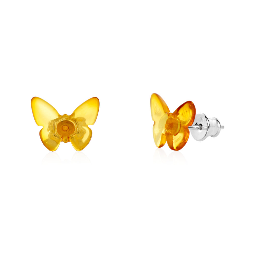 Natural amber butterfly shape earrings, handmade on with sterling silver studs, amber color - honey