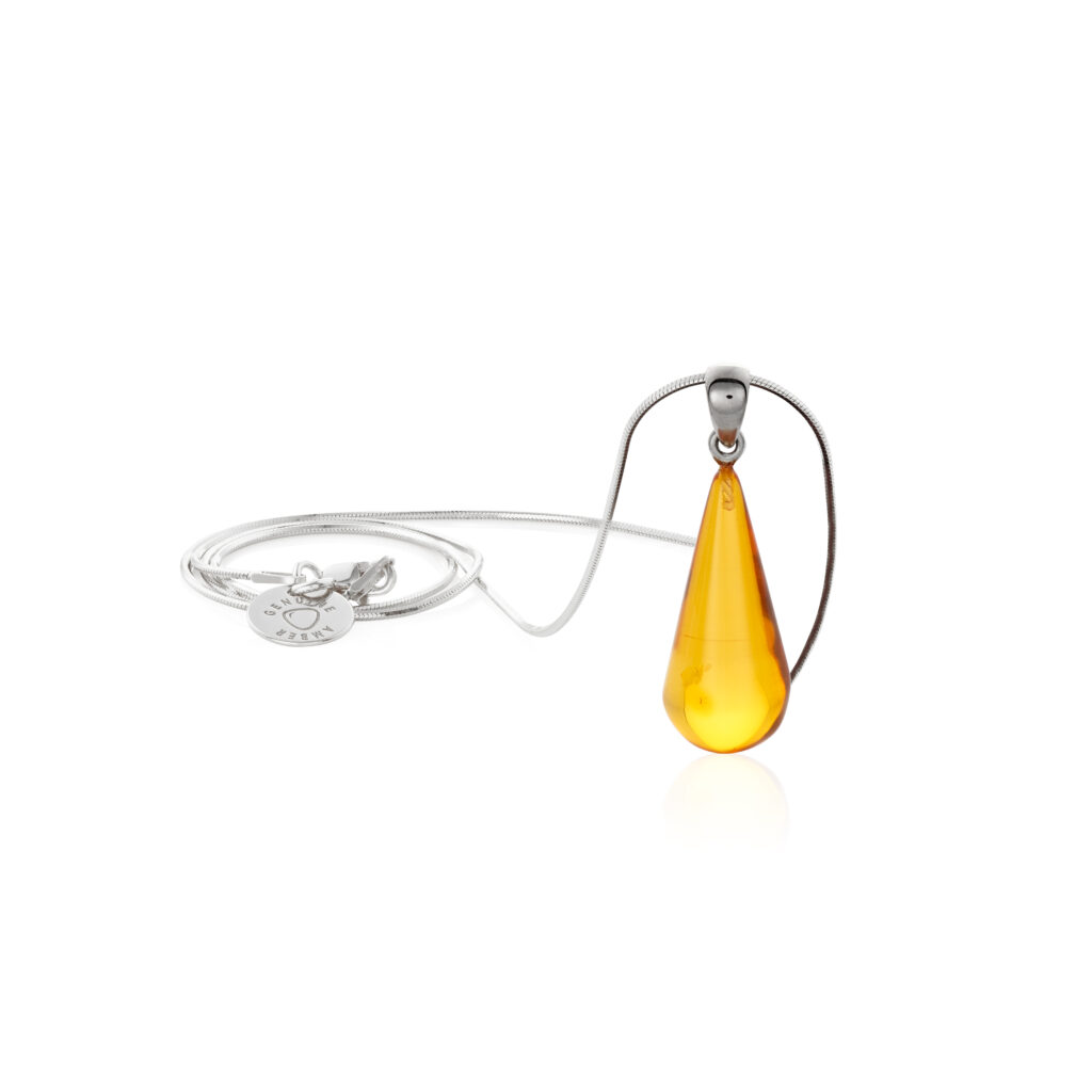 Baltic natural amber drop pendant with sterling silver chain, clear amber