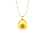 Drop-shaped amber pendant with a beetle in the center, gold plated sterling silver chain