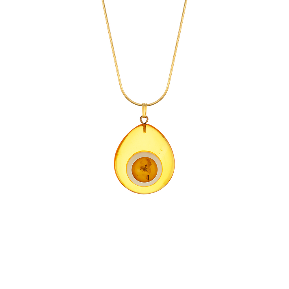 Drop-shaped amber pendant with a beetle in the center, gold plated sterling silver chain