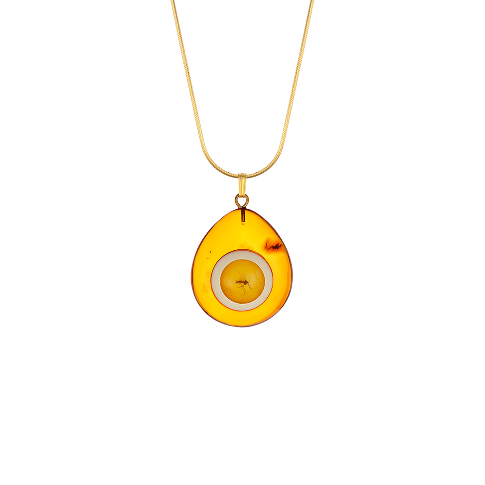 Drop-shaped amber pendant with a beetle in the center, gold plated sterling silver chain, amber color - cognac