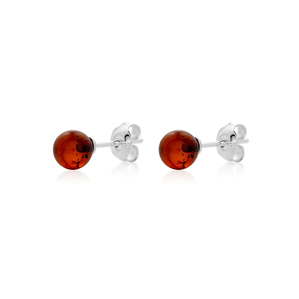 Natural amber dark cognac color sphere earrings on sterling silver studs