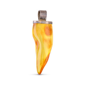 A genuine amber pendant featuring a smooth, polished piece of amber with warm golden hues, set in a silver or gold frame. The amber may contain unique inclusions such as ancient plant material or small insects, adding to its natural beauty and historical significance. The pendant hangs gracefully from a delicate chain, showcasing the organic, lightweight nature of the amber, making it both a stylish and meaningful accessory.