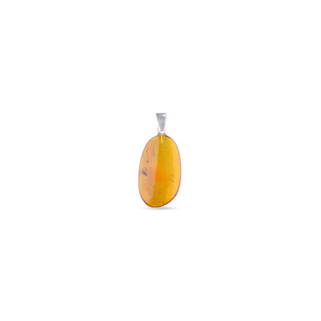 A close-up image of a genuine amber pendant showcasing its warm, golden hues. The amber is transparent with natural inclusions, capturing its organic beauty. The pendant is encased in a silver or gold frame, adding elegance to the raw, fossilized resin. The smooth surface of the amber reflects light, highlighting its natural glow and intricate details. This timeless piece of jewelry hangs delicately from a chain, blending nature and craftsmanship.