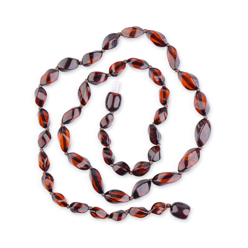 Baltic amber necklace with curved beads, shining cherry-colored