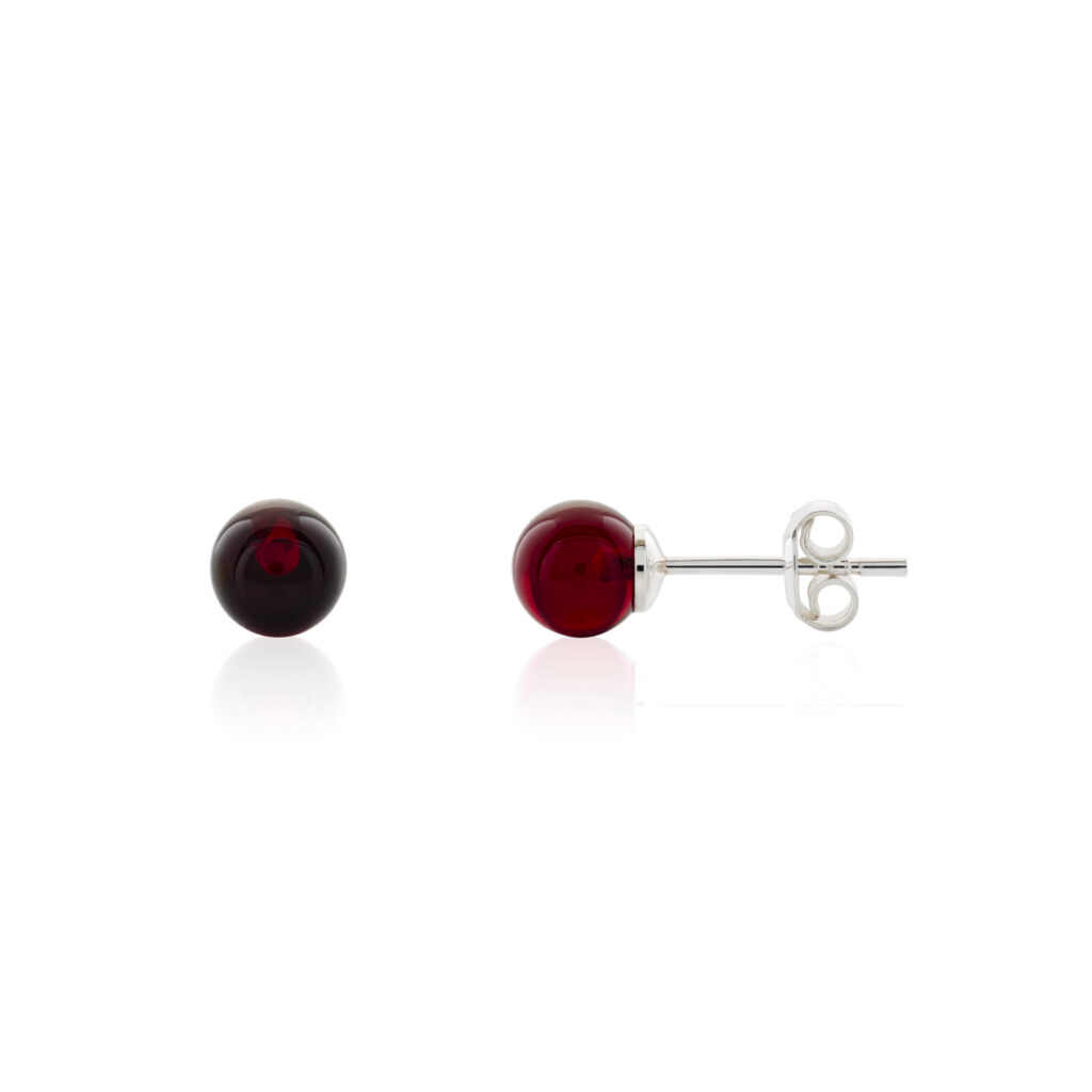 Baltic amber red color sphere earrings on sterling silver studs