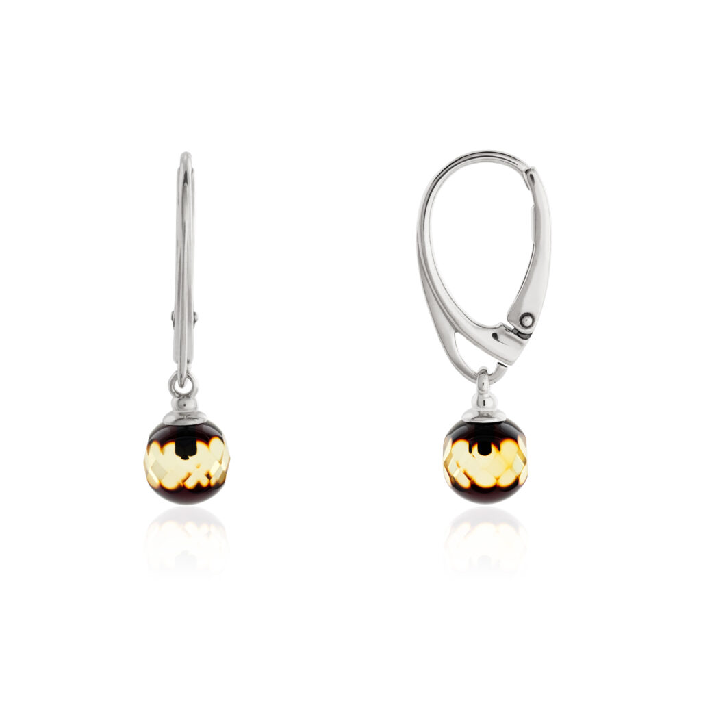 Dangling natural green amber earrings with sterling silver, handmade