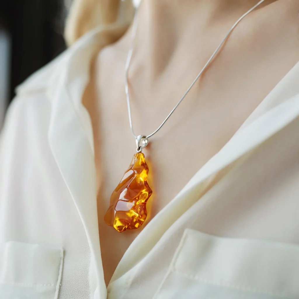 Unique-shaped Baltic amber pendant with uneven edges, paired with a sterling silver chain on a woman's body