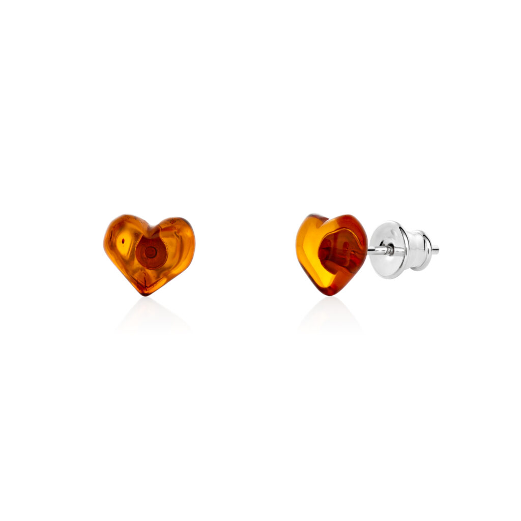 Natural amber heart shape earrings, handmade on with sterling silver studs, amber color - cognac