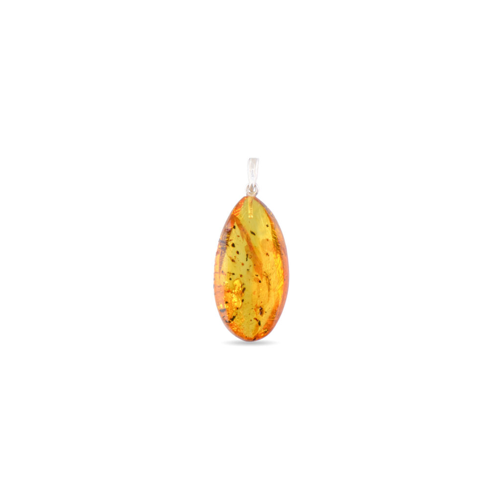 A close-up image of a genuine amber pendant showcasing its warm, golden hues. The amber is transparent with natural inclusions, capturing its organic beauty. The pendant is encased in a silver or gold frame, adding elegance to the raw, fossilized resin. The smooth surface of the amber reflects light, highlighting its natural glow and intricate details. This timeless piece of jewelry hangs delicately from a chain, blending nature and craftsmanship.