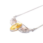 A close-up image of a genuine amber pendant showcasing its warm, golden hues. The amber is transparent with natural inclusions, capturing its organic beauty. The pendant is encased in a silver or gold frame, adding elegance to the raw, fossilized resin. The smooth surface of the amber reflects light, highlighting its natural glow and intricate details. This timeless piece of jewelry hangs delicately from a chain, blending nature and craftsmanship.