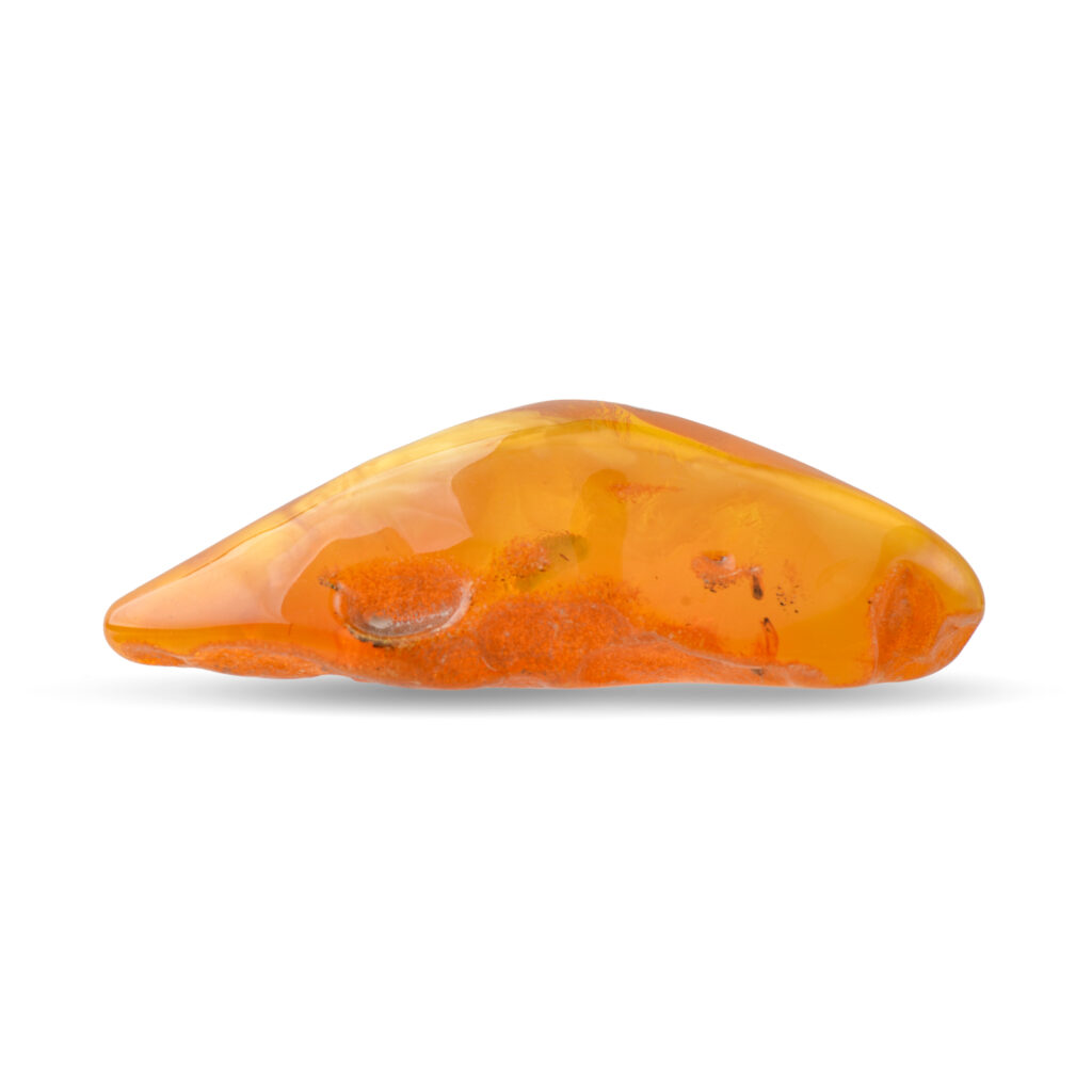 A side view of the large Baltic amber piece, highlighting its thickness and the depth of the translucent, honey-colored resin.