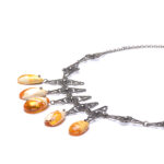 A close-up image of a genuine amber necklace, featuring smooth, polished amber beads. The beads vary slightly in size and shape, showcasing their natural organic origins. The necklace is elegantly strung together with a subtle clasp, highlighting the translucent and rich tones of the amber. The warm glow of the amber stones contrasts beautifully against the background, giving the piece a timeless and earthy appeal.