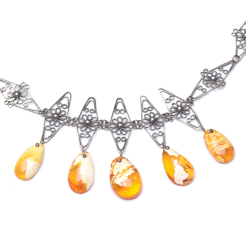 A close-up image of a genuine amber necklace, featuring smooth, polished amber beads. The beads vary slightly in size and shape, showcasing their natural organic origins. The necklace is elegantly strung together with a subtle clasp, highlighting the translucent and rich tones of the amber. The warm glow of the amber stones contrasts beautifully against the background, giving the piece a timeless and earthy appeal.