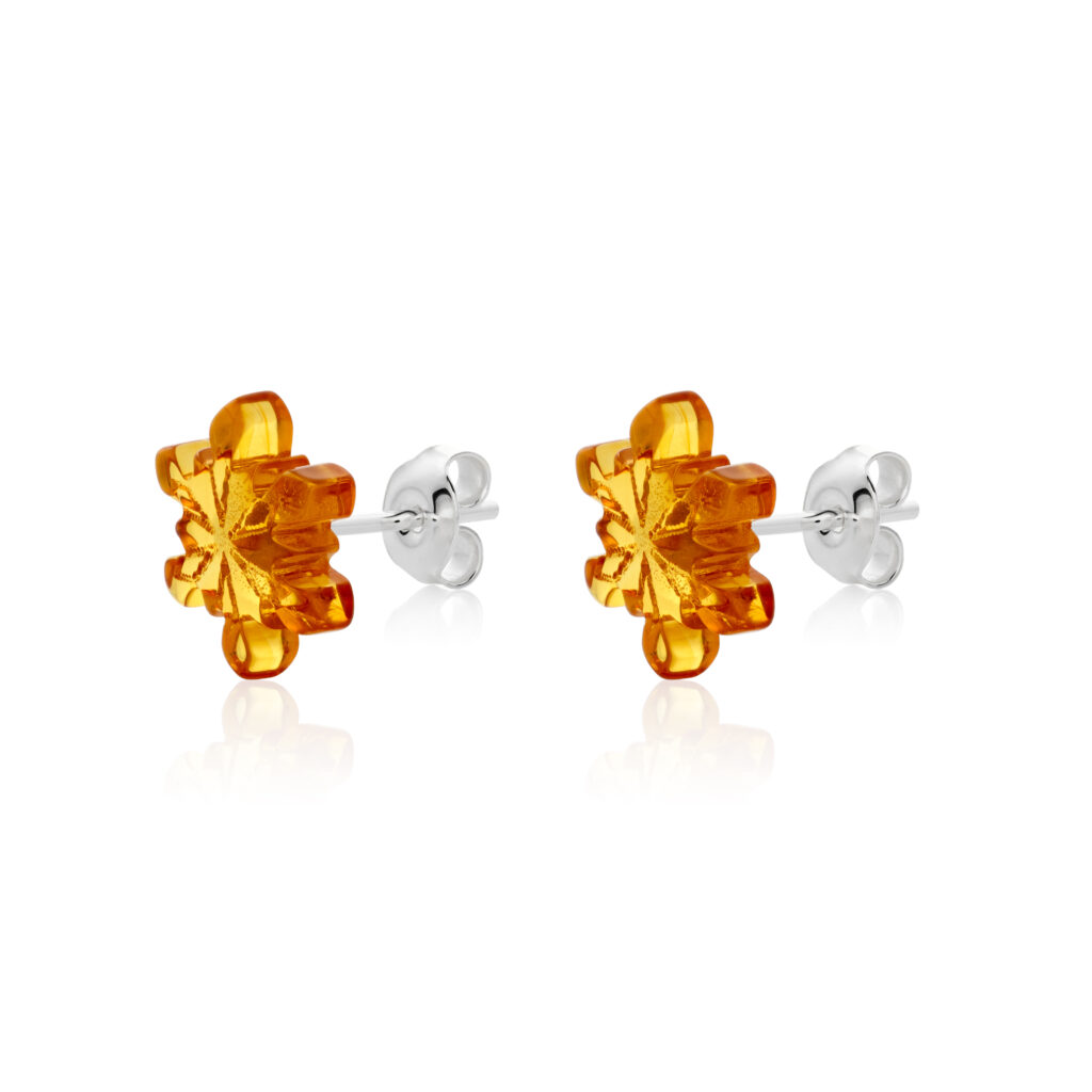 Close-up image of a pair of genuine amber earrings, showcasing their warm, golden-orange hue with natural inclusions. The earrings have a smooth, polished surface, highlighting the organic beauty of the amber, set in simple yet elegant silver clasps. The intricate details of the fossilized resin are visible, giving each piece a unique and timeless appeal.