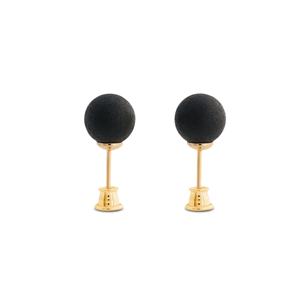 Natural Baltic amber black color sphere earrings on gold-plated silver studs