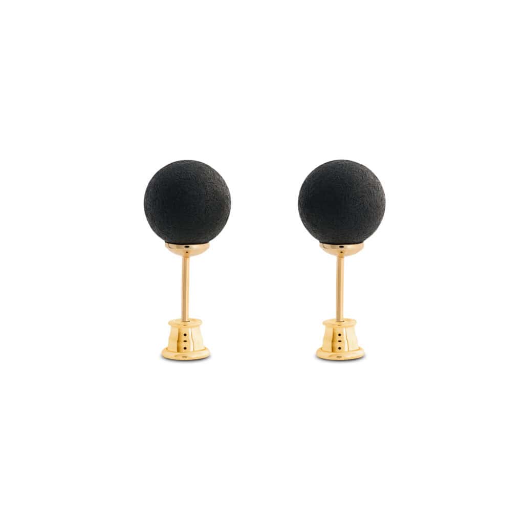 Stylish black fabric sphere earrings with gold accents, perfect for modern, versatileAccessorial looks.