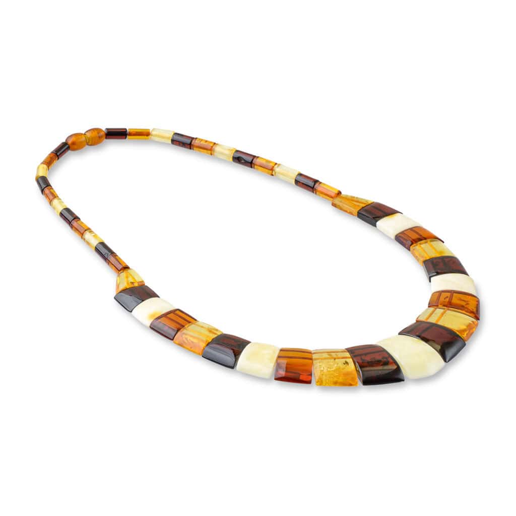 Colorful handcrafted amber necklace with warm beads, elegant design, perfect for any occasion.