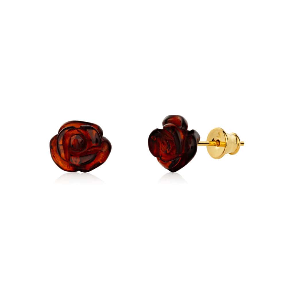 Handmade amber rose earrings with gold-tone studs, vintage-inspired and floral jewelry accent.