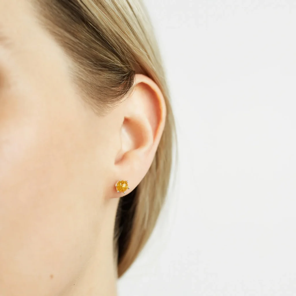 Close-up of a womans ear with elegant yellow gemstone stud earring, showcasing minimalist jewelry style.